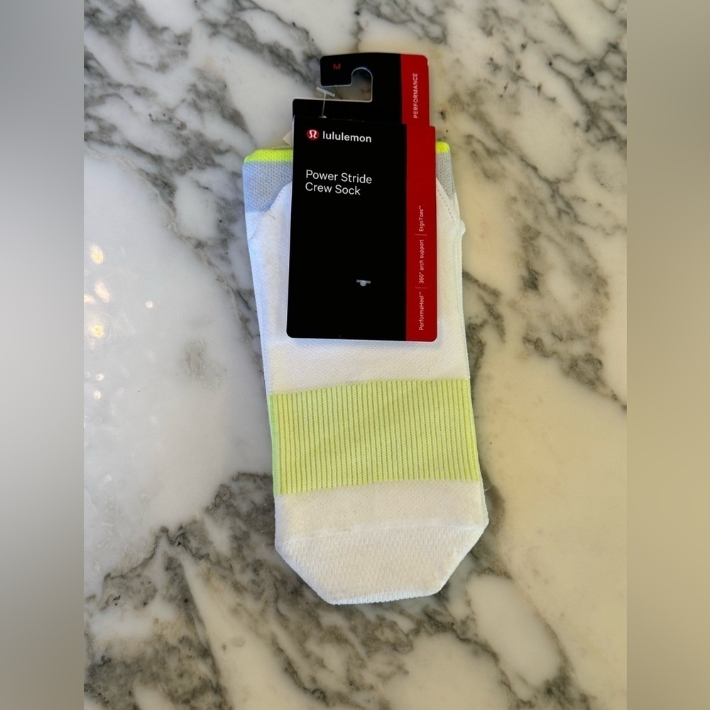 NWT Lululemon Power Stride Crew Sock White Neon Yellow Size M
